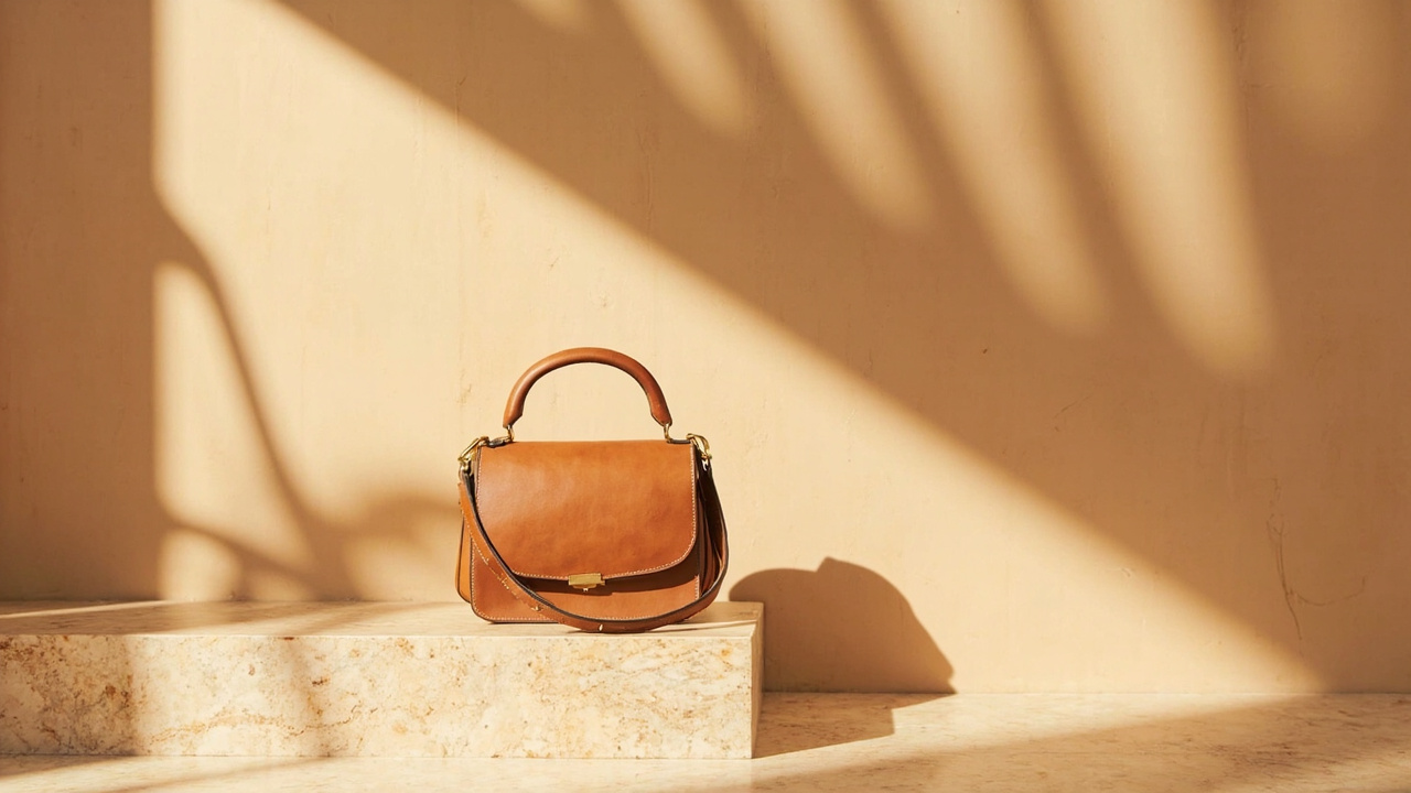 Tan leather top-handle bag on a travertine plinth