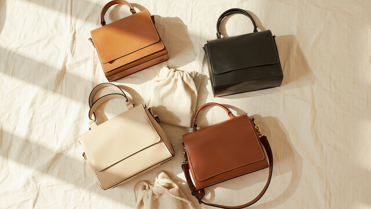 Flat lay of neutral handbags and dust bags