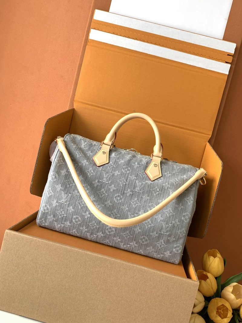 Louis Vuitton Speedy Soft 30 in grey Monogram denim — front view in original box