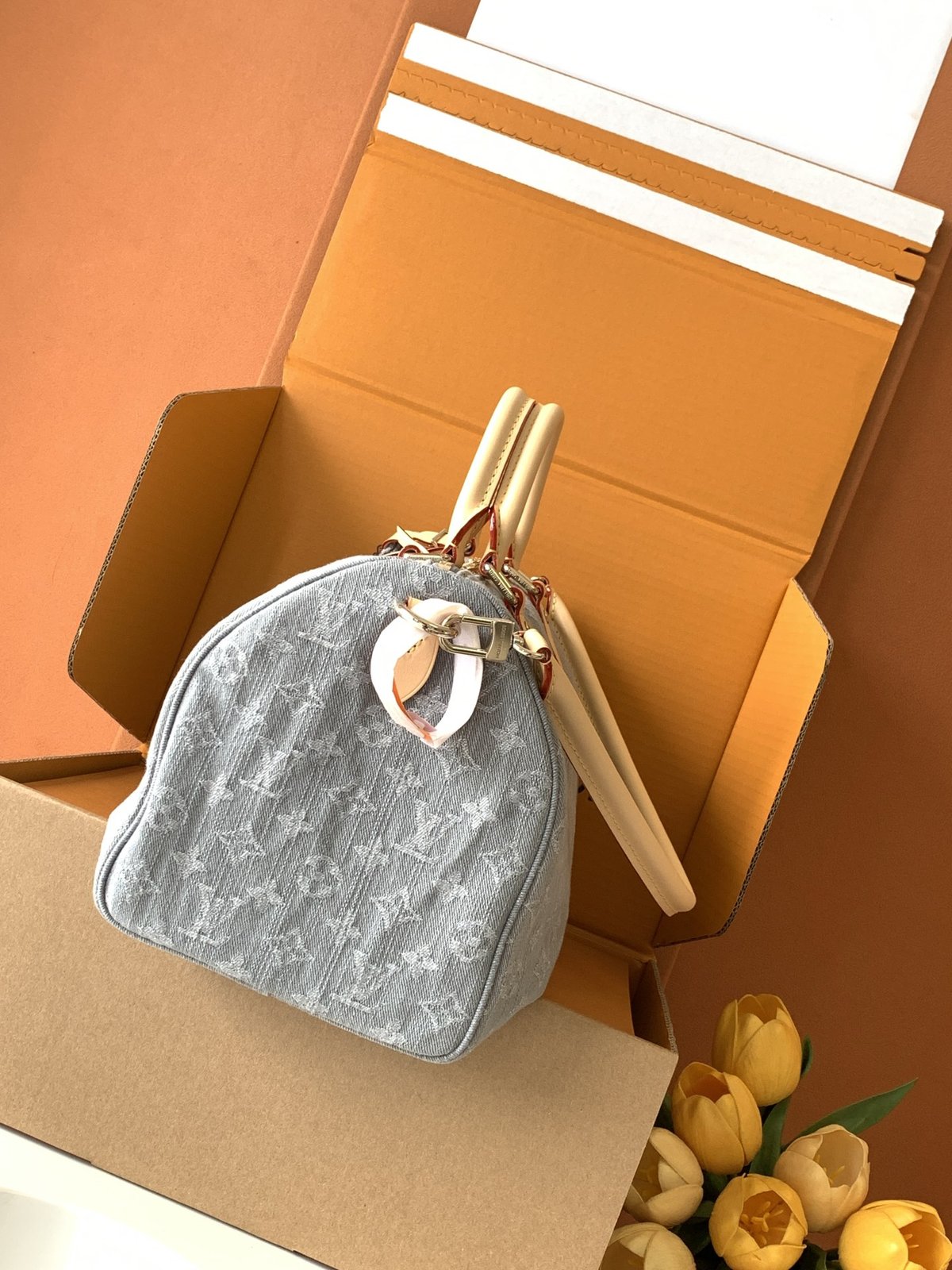 Louis Vuitton Speedy Soft 30 in grey Monogram denim — in box with clochette