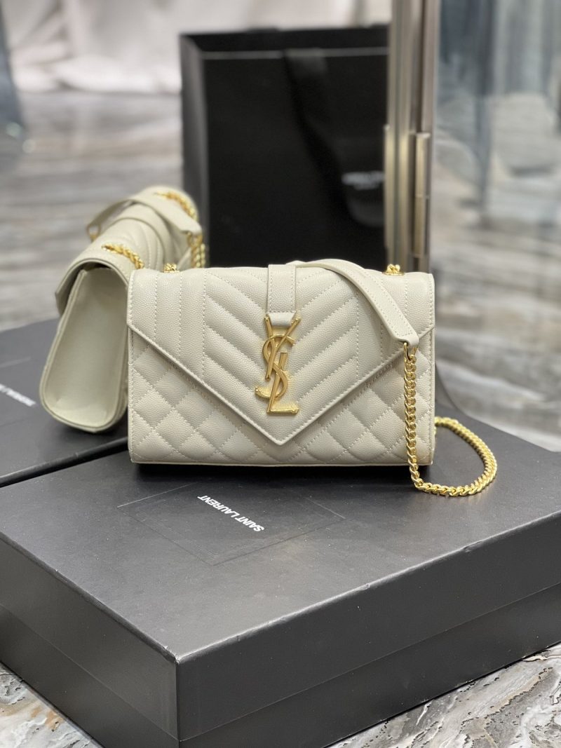Saint Laurent Envelope Medium in white grained calfskin — front view on original box